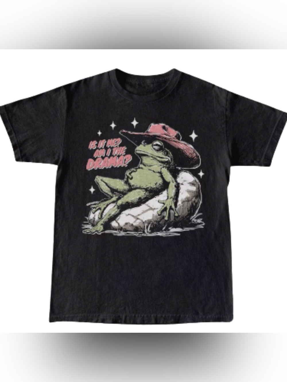 Gildan Black Tee with Green Frog and Pink Hat Graphic
